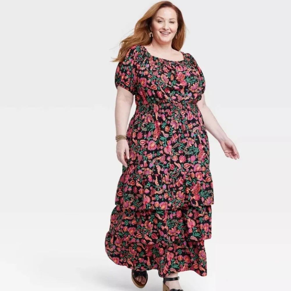 NWT Women’s off the shoulder short sleeve maxi dress knox rose 3X black pink